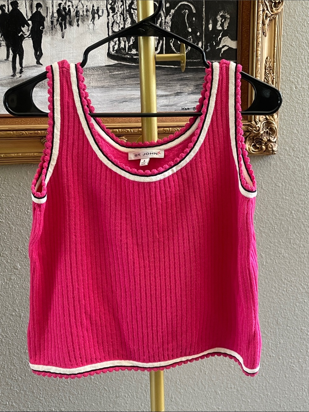 St. John Hot Pink Ribbed Knit Tank with White & Black Trim
